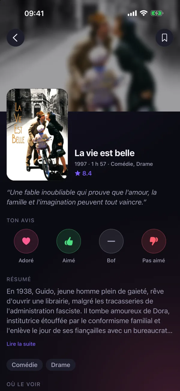 La fiche de « La vie est belle » : affiche, note 8,4, boutons Adoré, Aimé, Bof, Pas aimé, et résumé