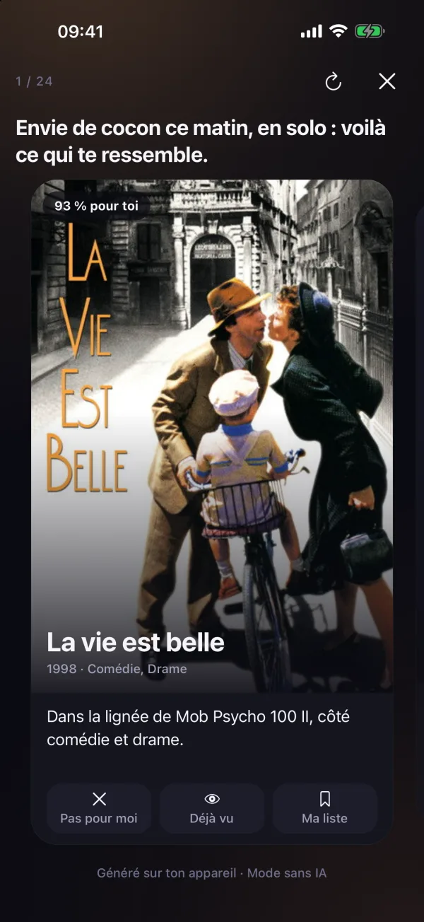 Soirama sur iPhone : l’idée « La vie est belle », 93 % pour toi, avec la raison qui la relie à ta soirée