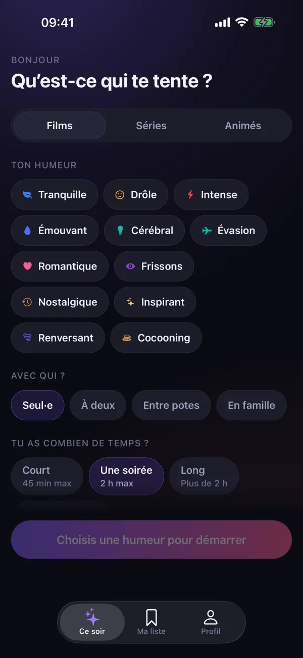 L’écran « Ce soir » : films, séries ou animés, douze humeurs, la compagnie et le temps disponible